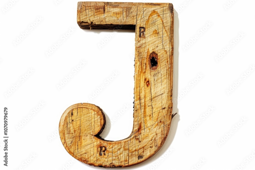 Poster close-up view of a wooden letter j with intricate details, suitable for use in designs focused on in