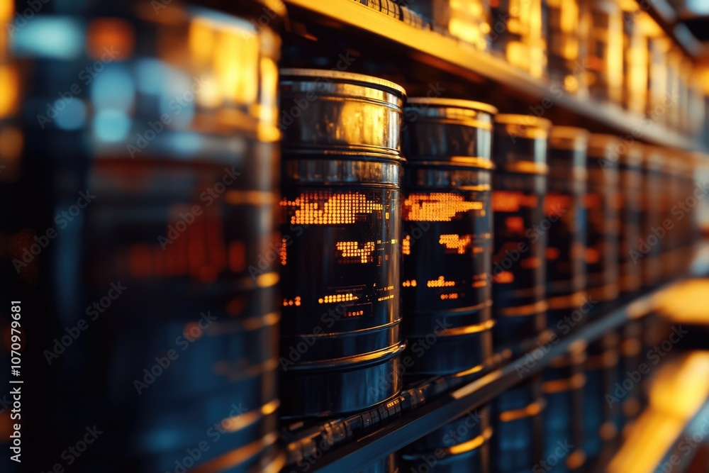 Poster Row of black barrels stacked on a shelf, ready for storage or display