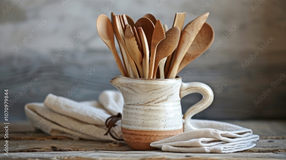 Poster a collection of wooden utensils displayed on a table