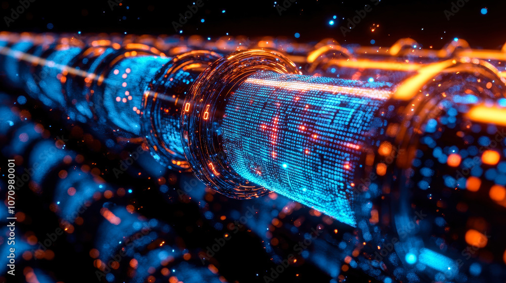 Poster futuristic digital pipeline with vibrant blue matrix and binary code in motion