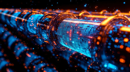 Futuristic Digital Pipeline with Vibrant Blue Matrix and Binary Code in Motion