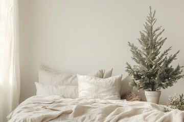 calm Japandi Christmas bedroom with soft linens, a small potted pine tree, and muted decorations, minimal background with copy space