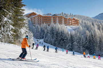 Ski instructor giving a lesson to a group of beginners on a gentle slope, with the ski resort's hotel and ski lifts in the distance.