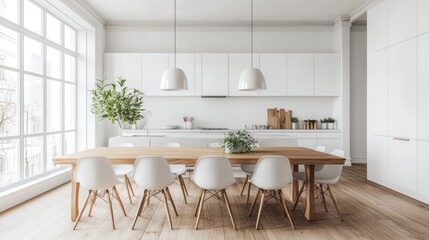Modern minimalist dining area with a wooden table and white chairs in a bright kitchen.