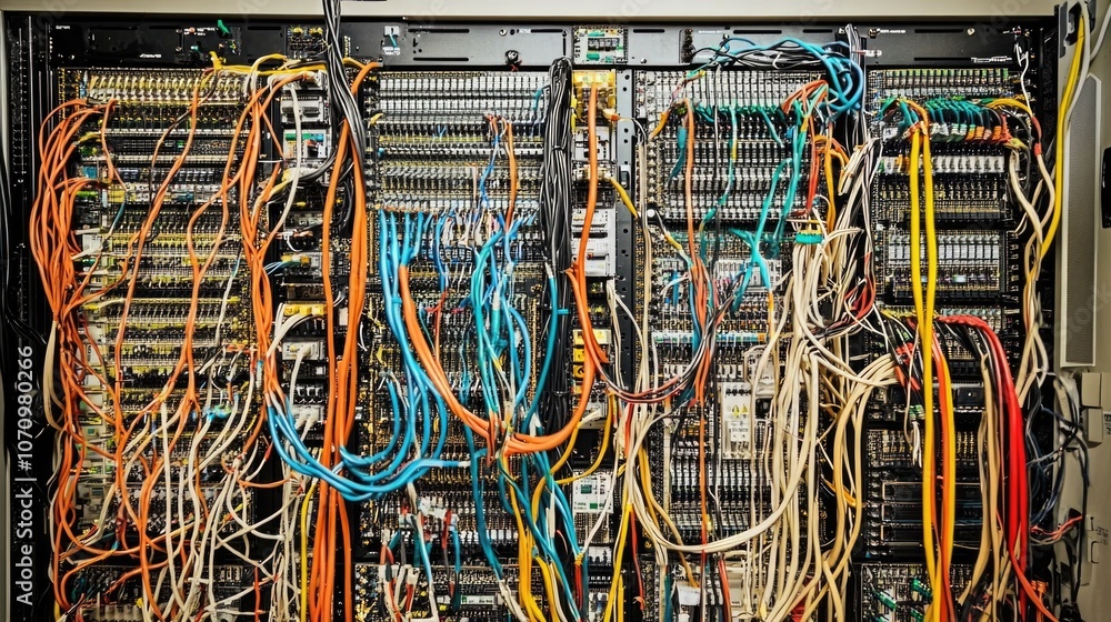 Poster a close-up view of electrical wiring arranged in a rack