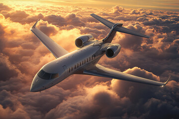 The photograph captures an airplane soaring above a sea of soft, billowing clouds at sunset