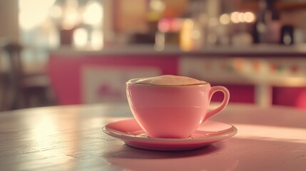 Fototapeta premium A cup of coffee on a saucer placed on a table, perfect for morning or afternoon use
