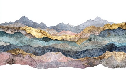 Abstract Mountain Landscape with Layers of Colorful Textured Peaks Under Bright Sky