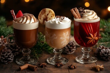 Variety of Christmas mocktails Eggnog with whipped cream and cinnamon christmas decoration