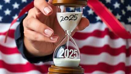 person holding a 2025 sundial with digital time and weather forecasting with voice interaction, American flag background - Powered by Adobe