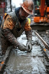 A Construction Worker Covered in Mud Works With Concrete