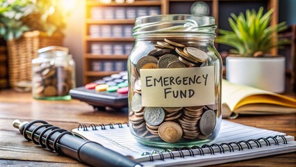 A close-up of a savings jar labeled 'Emergency Fund,' filled with coins and bills, with a calculator and notebook in the background