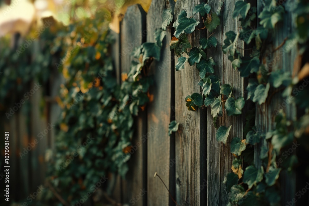 Poster A rustic wooden fence overgrown with lush green ivy, perfect for use as a background or to add a touch of nature to your design