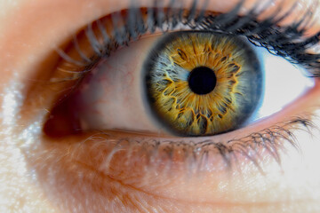 A close-up macro image of a human eye with a striking yellow iris, featuring a unique blend of...