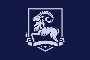 Ram, goat. Vintage vector heradic coat of arms, emblem, sign. Dark blue