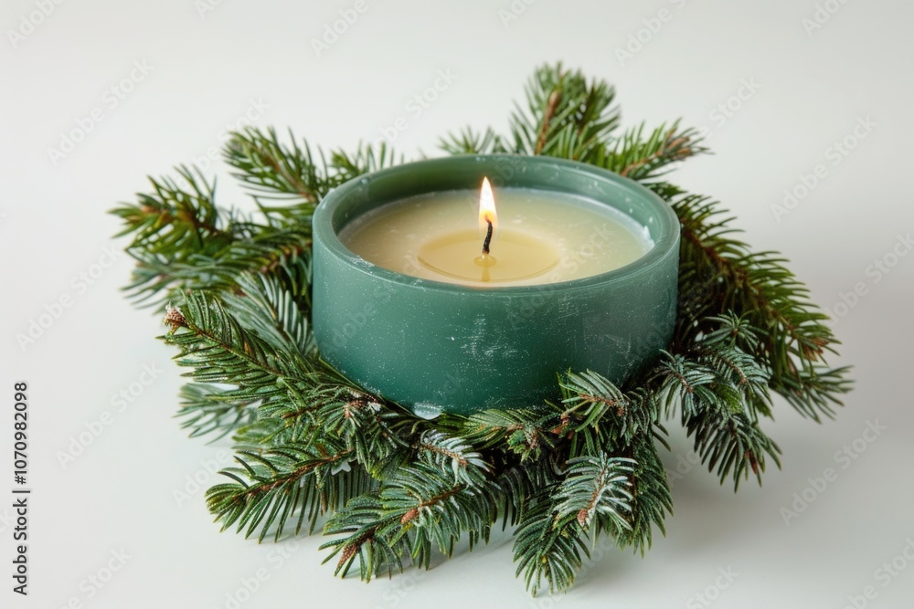 Poster a single lit candle placed inside a green candle holder, perfect for adding warmth and ambiance to a