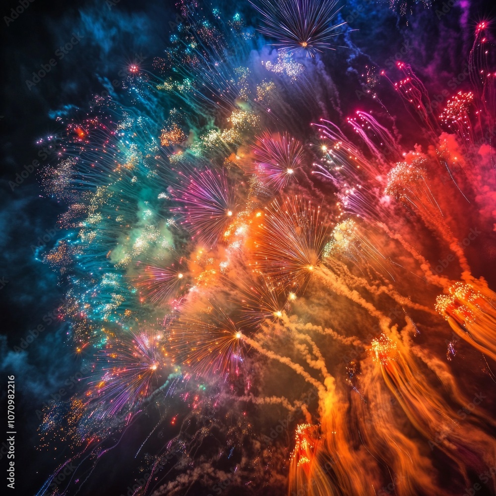 Poster vibrant fireworks explode in the night sky. a dazzling display of colors and patterns captivates the