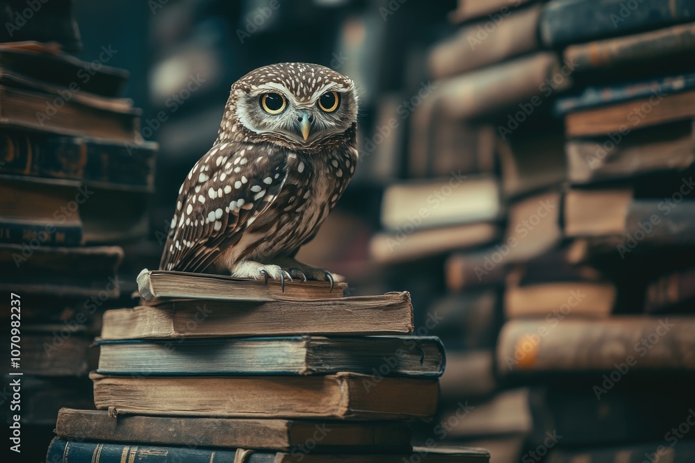 Poster a small owl perched on top of a stack of books, a perfect blend of nature and knowledge