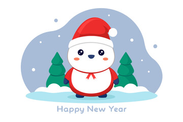 Adorable Snowman in Santa Hat Happy New Year & Merry Christmas Cartoon Vector for Kids