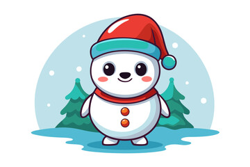 Adorable Snowman in Santa Hat Happy New Year & Merry Christmas Cartoon Vector for Kids
