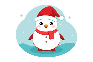 Adorable Snowman in Santa Hat Happy New Year & Merry Christmas Cartoon Vector for Kids