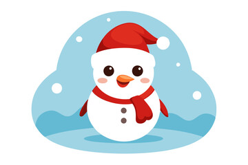Adorable Snowman in Santa Hat Happy New Year & Merry Christmas Cartoon Vector for Kids