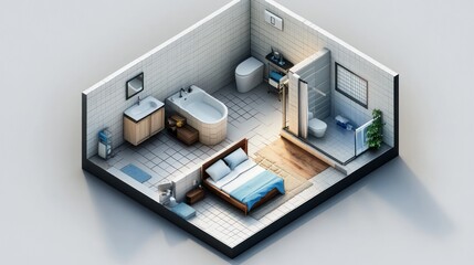 A modern bathroom and bedroom layout in isometric design, showcasing functionality and style.