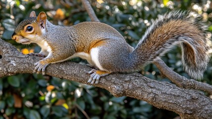 Fototapeta premium A grey squirrel with a bushy tail perched on a branch.