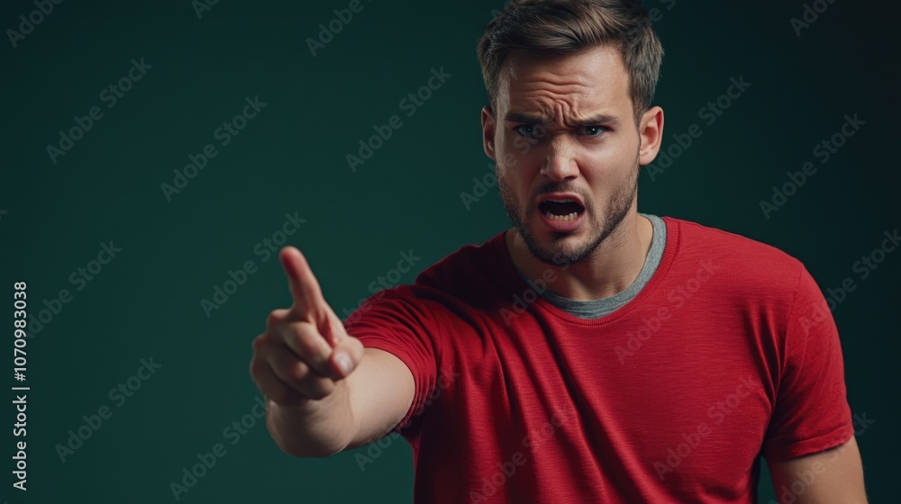 Poster a man in a red shirt is pointing at an object, providing guidance or attention