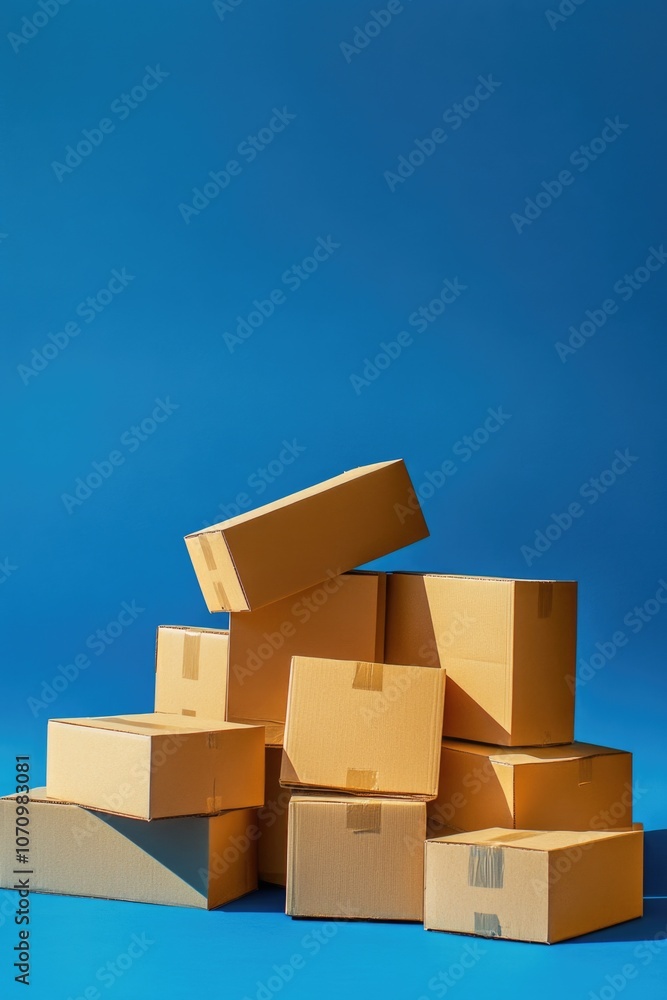 Poster a stack of cardboard boxes on a blue background