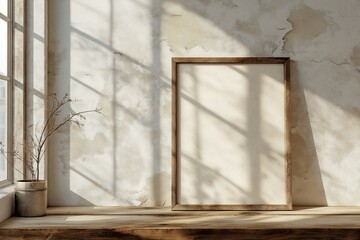 A blank wooden picture frame leaning slightly against a textured white wall on a clean wooden tabletop