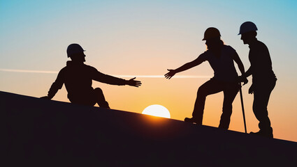 Two silhouetted workers in helmets helping each other climb a slope during sunset, symbolizing teamwork, collaboration, and mutual support in challenging task