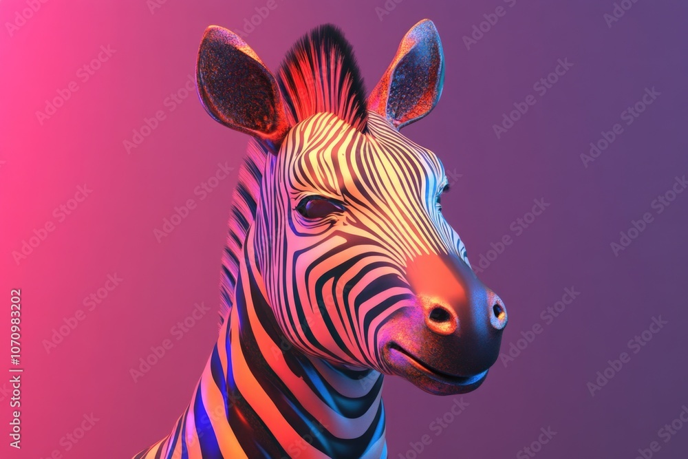 Poster a close-up image of a zebra's face on a pink and purple background