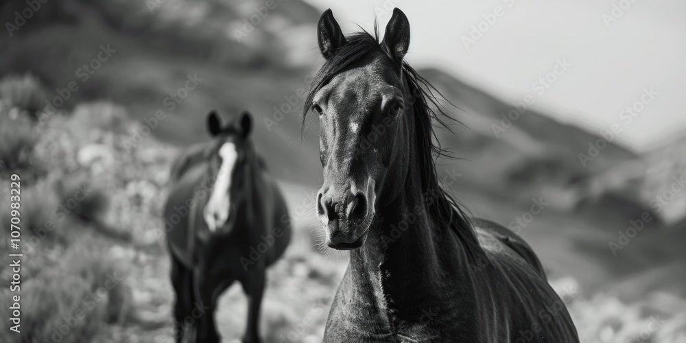Poster a pair of horses standing at the edge of a lush green field, suitable for use in rural-themed projec