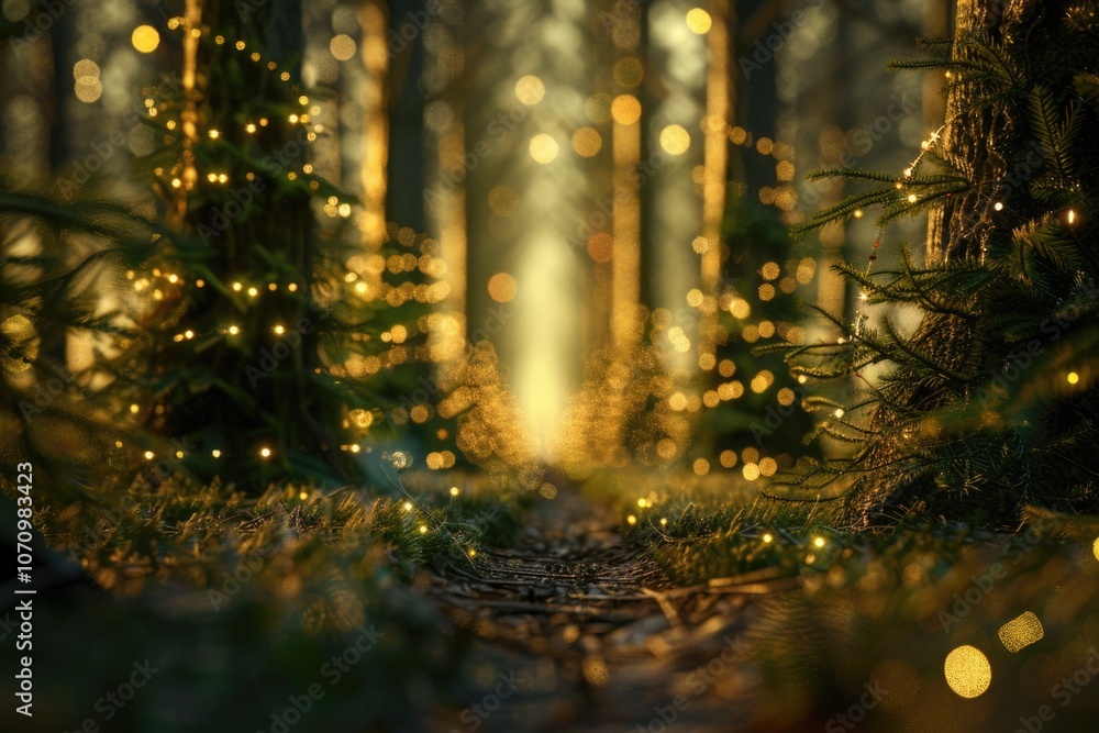 Poster a serene forest path lit by various sources, ideal for use in travel, nature or mystery scenes