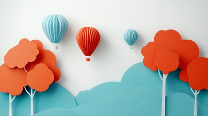 Colorful Hot Air Balloons in Stylized Paper Cut Landscape with Floating Clouds