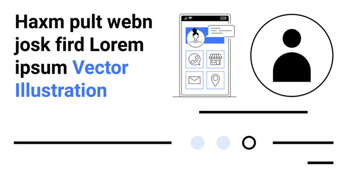 Mobile phone displaying a user interface with profile icon, calendar, mail, and heart. Geometric shapes and typographic text Lorem ipsum Vector Illustration. Ideal for web design, UIUX, app - Powered by Adobe