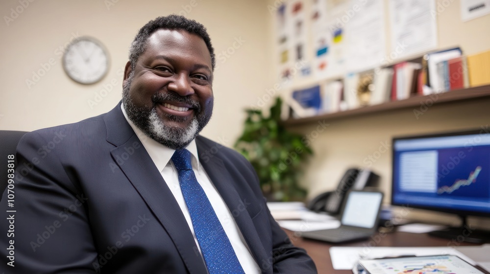 Poster a smiling man in a business suit sits at his desk with charts and a clock in the background.