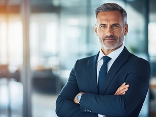 Fototapeta premium A confident businessman in a suit stands with arms crossed in a modern office setting.