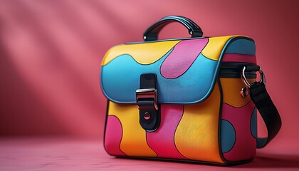 3D mockup a funky multicolored lunch bag on a soft pink background, showcasing outdoor and food storage products