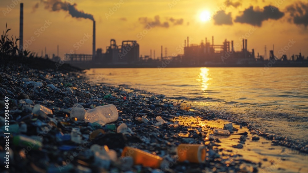Poster a beach scene at sunset with trash on the shore, ideal for use in environmental or pollution-themed 