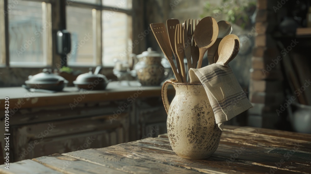 Poster a simple scene featuring a vase filled with wooden utensils placed on a wooden table