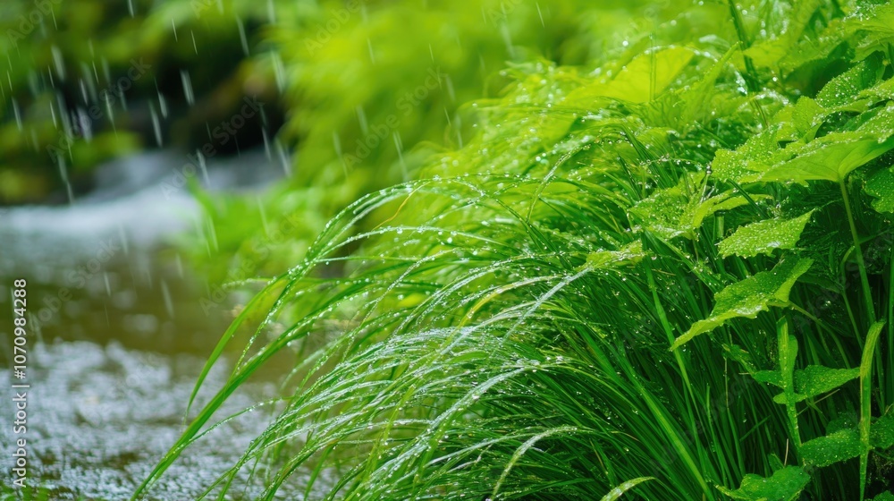 Poster a serene and peaceful scene of a stream flowing through a dense and vibrant forest