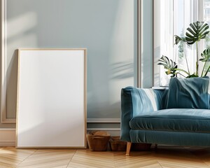 mockup frame on the floor, light blue background luxury home

