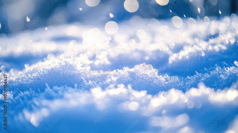 Poster a close-up of sparkling snowflakes on a soft, snowy surface, illuminated by soft light.