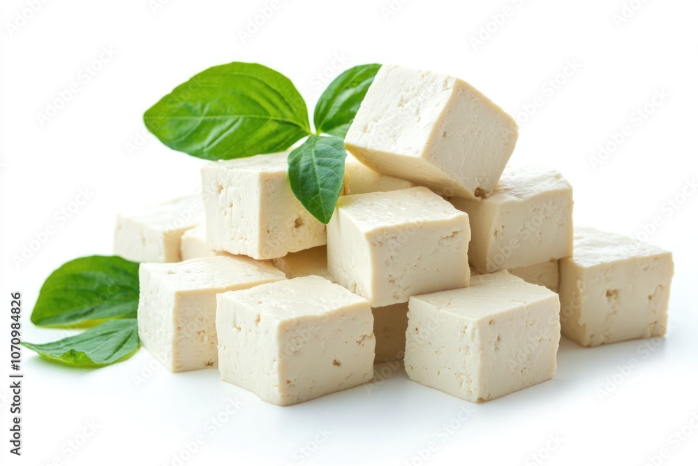 Poster a pile of cubes made from tofu with a leaf resting on top