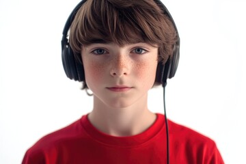 A young boy wearing headphones and a red shirt, suitable for illustrations about technology, music, or childhood