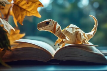 Fototapeta premium A small origami dinosaur perched on the cover of an open book