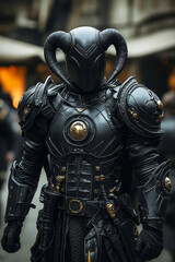Fototapeta premium A man dressed in armor with horns and armor on his head