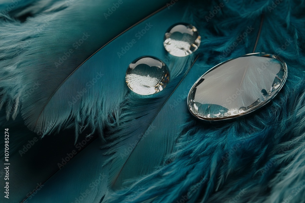 Poster a feather with a clear, round, shiny object on it